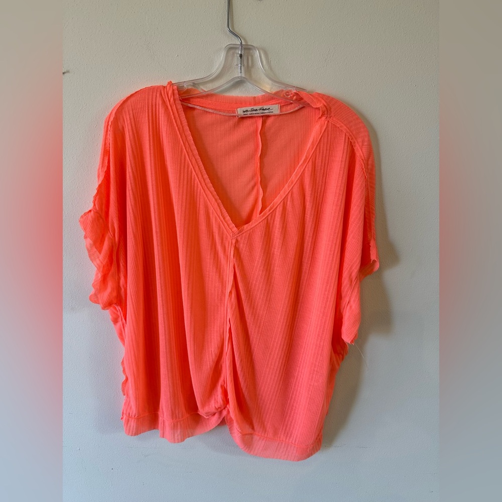 NWT Womens We The Free Neon Orange Sheer Flowy Ribbed Side Spilt Vneck Top Small